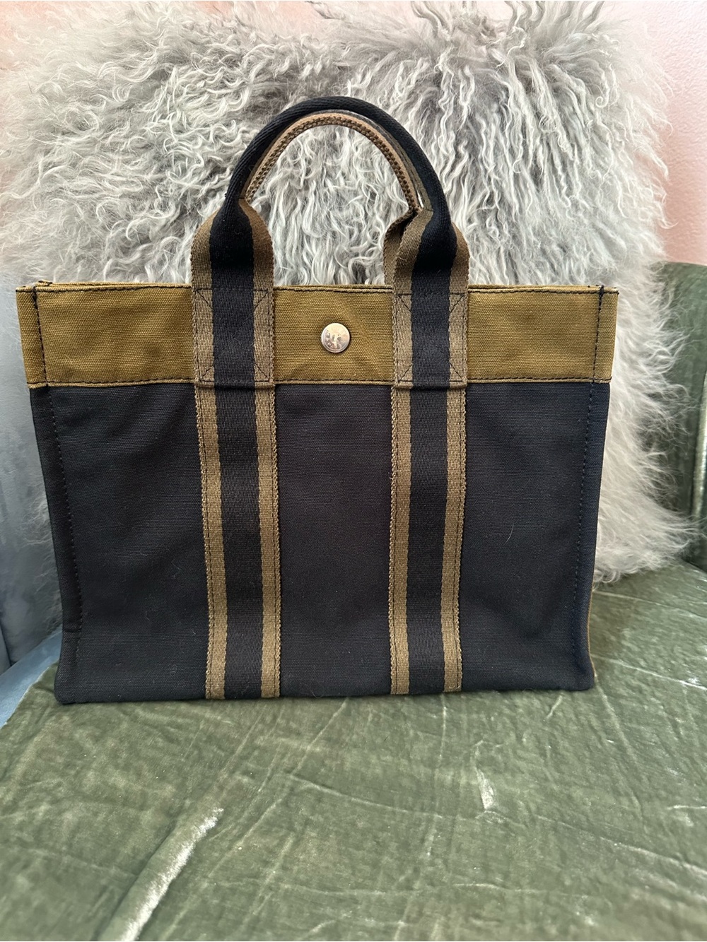Hermès Vintage Fourre Tout PM Canvas Tote Bag - Navy & Olive Khaki